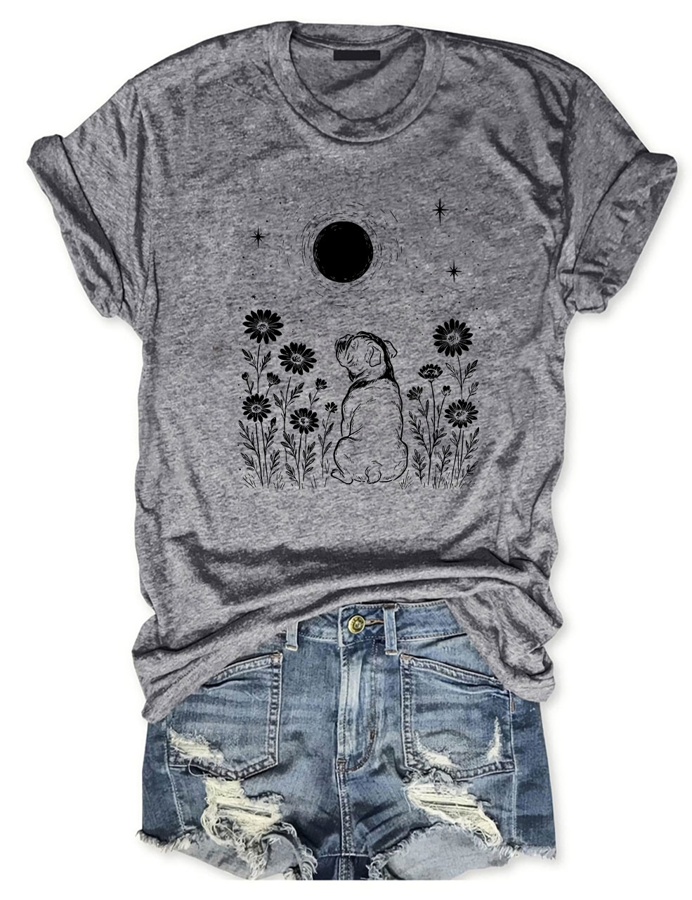 Minimalist Boho Bulldog Night Flower Funny T-shirt