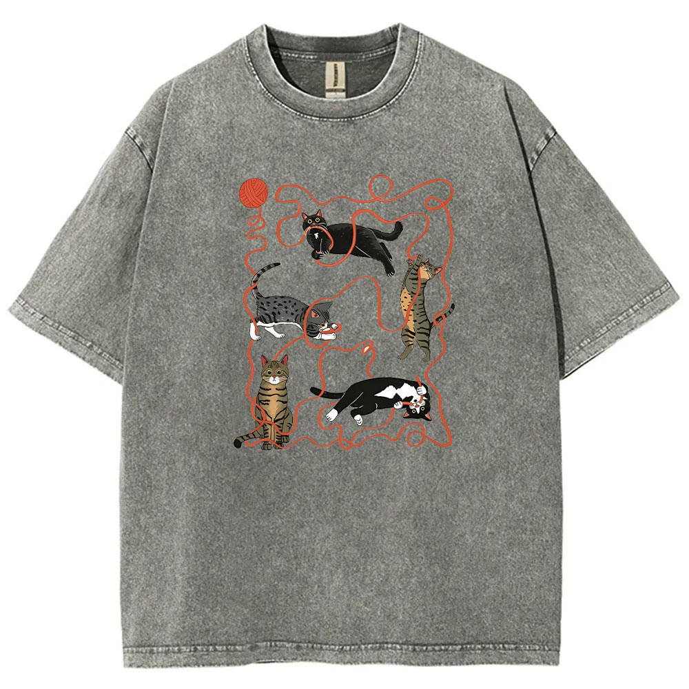 Yarn Ball Cat Funny Washed T-shirt