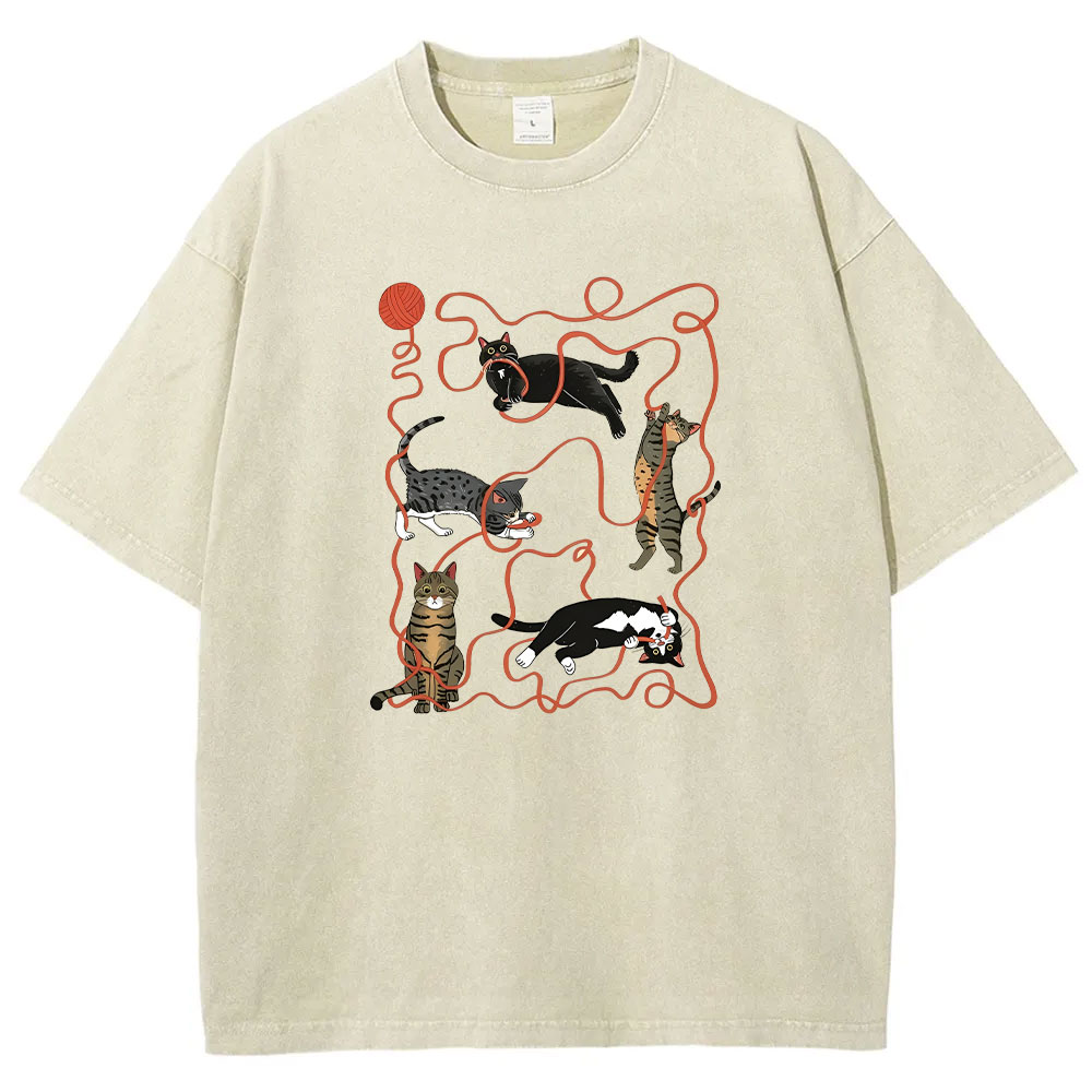 Yarn Ball Cat Funny Washed T-shirt