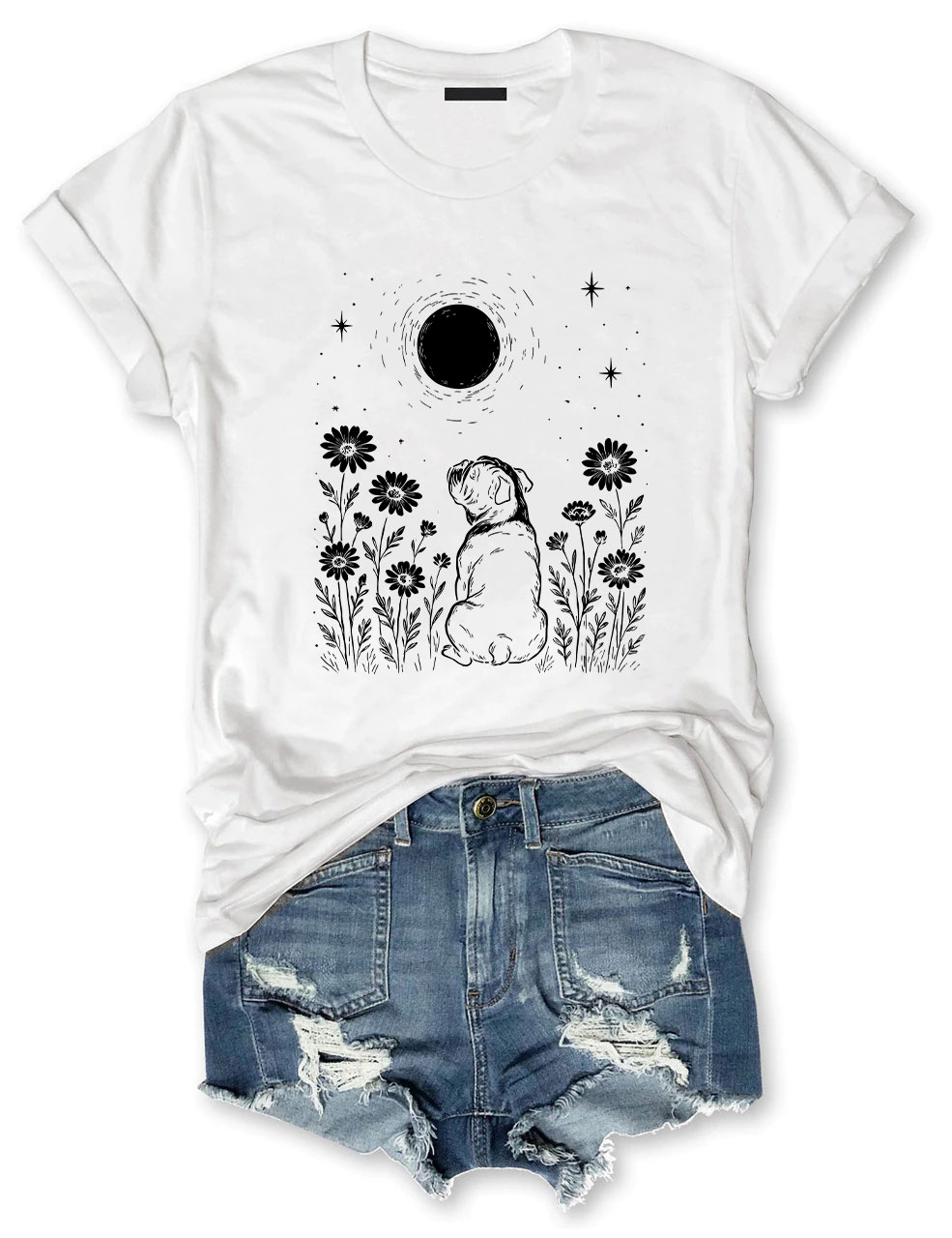 Minimalist Boho Bulldog Night Flower Funny T-shirt