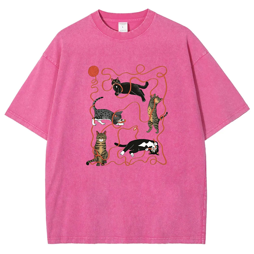 Yarn Ball Cat Funny Washed T-shirt