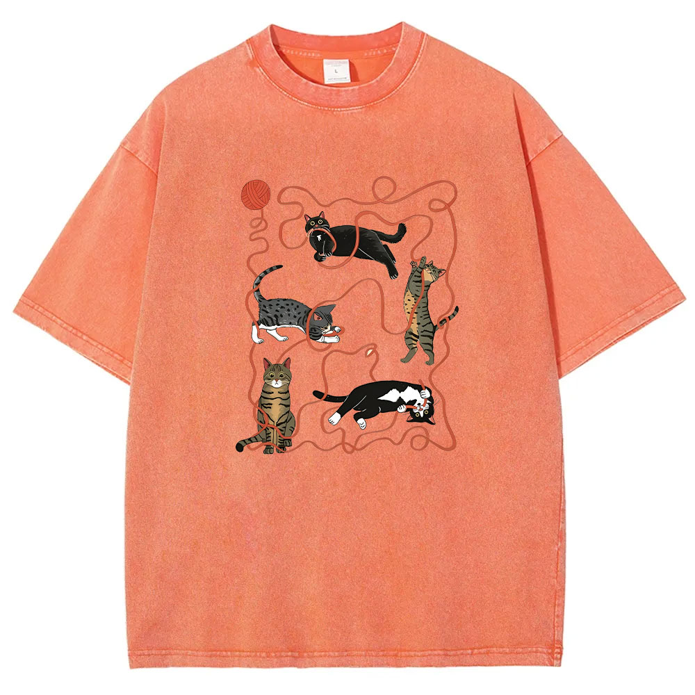 Yarn Ball Cat Funny Washed T-shirt