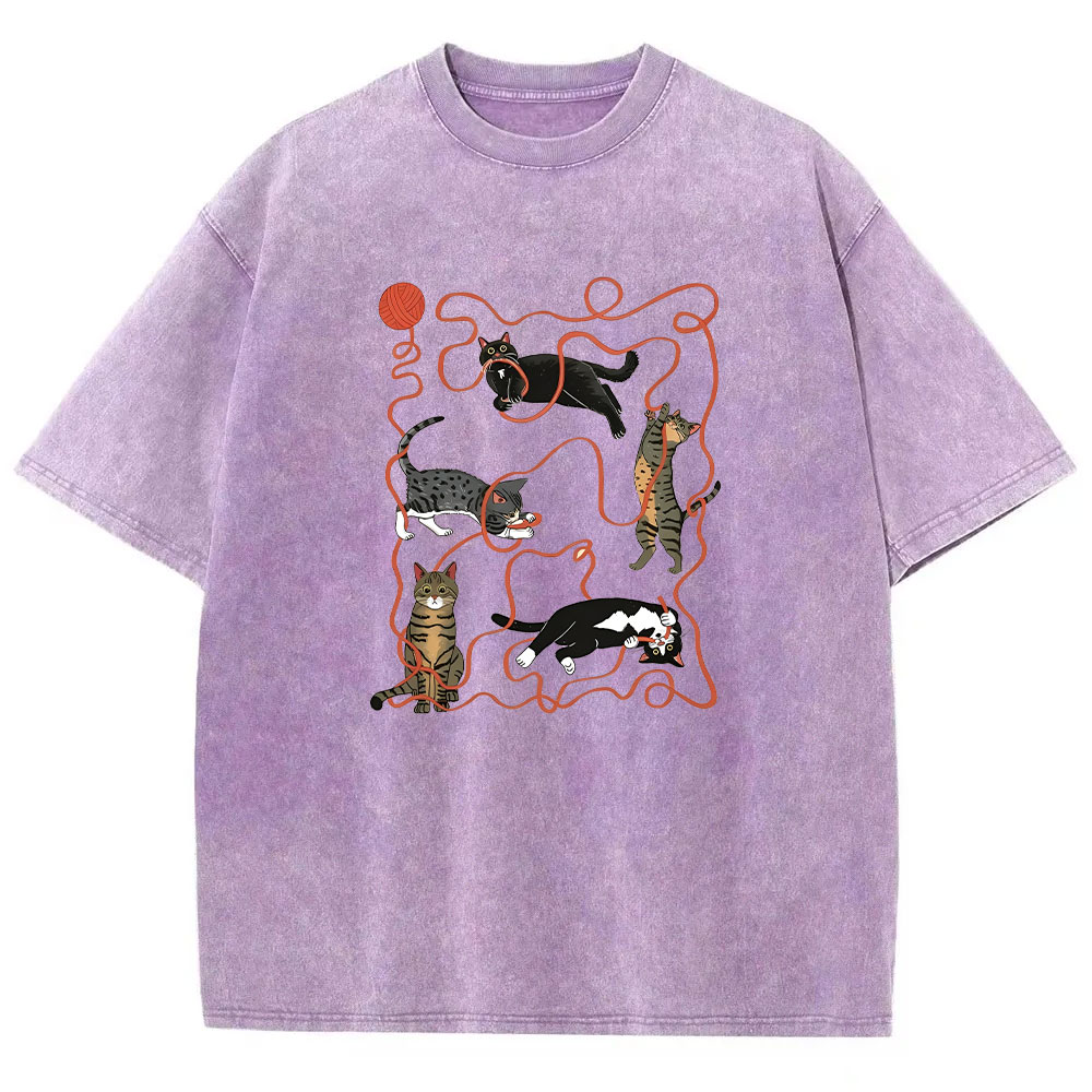 Yarn Ball Cat Funny Washed T-shirt