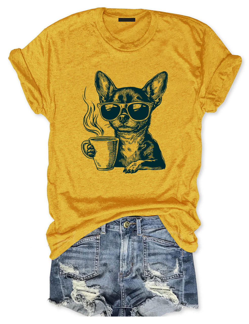 Coffee Sunglasses Vintage Engraving Chihuahua T-shirt