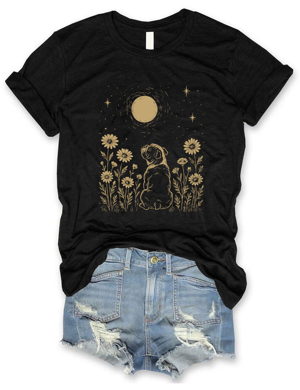 Minimalist Boho Bulldog Night Flower Funny T-shirt