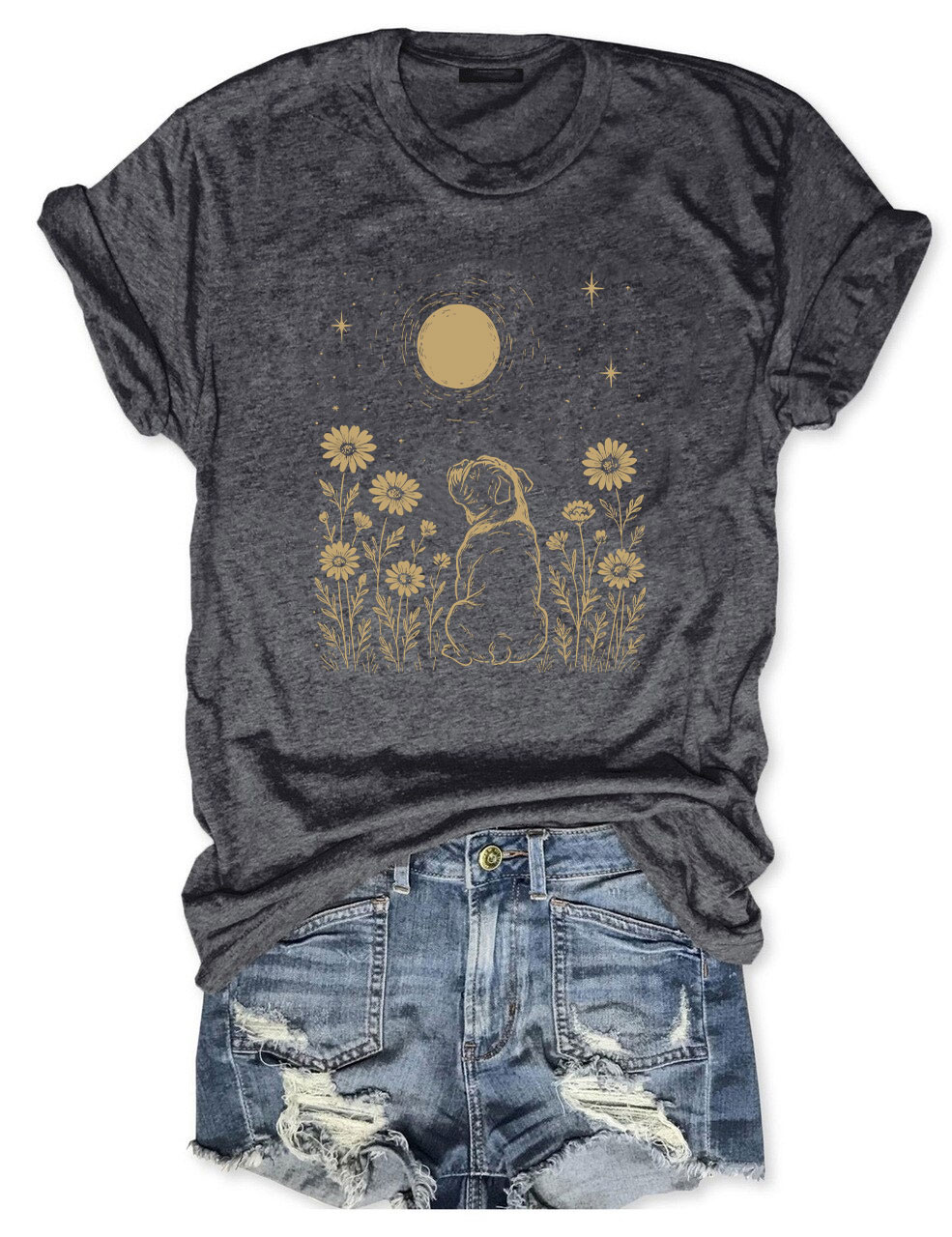 Minimalist Boho Bulldog Night Flower Funny T-shirt