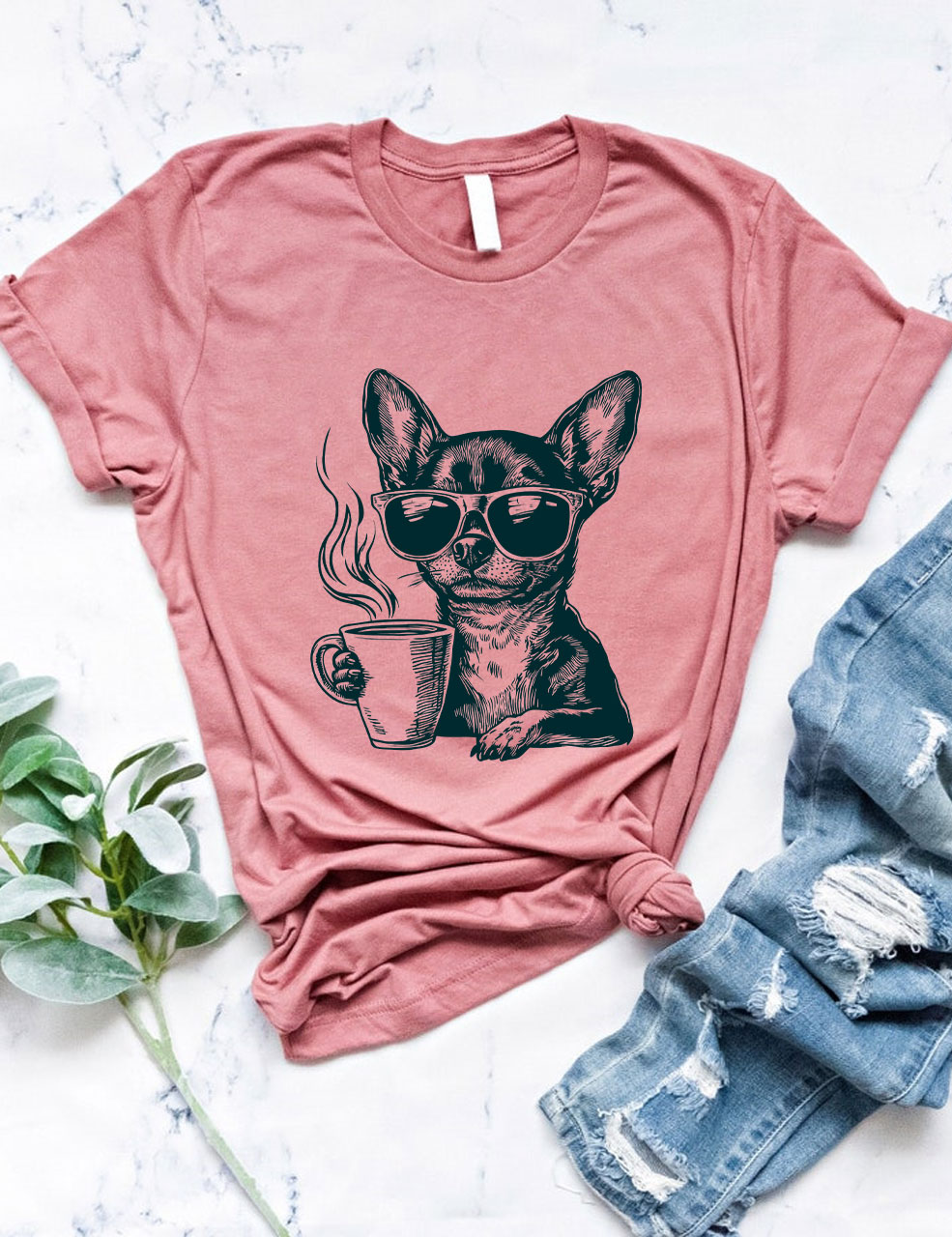 Coffee Sunglasses Vintage Engraving Chihuahua T-shirt