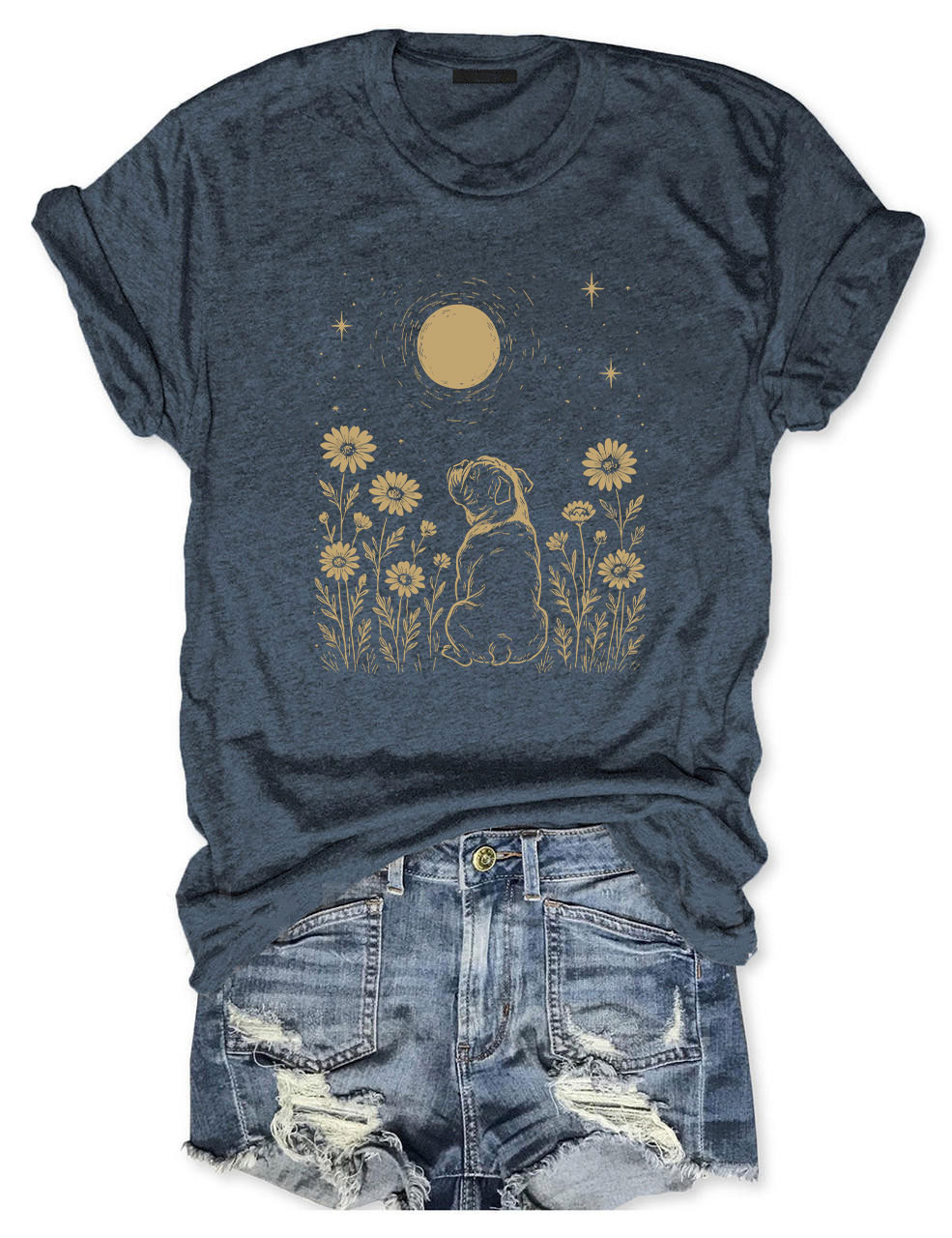 Minimalist Boho Bulldog Night Flower Funny T-shirt