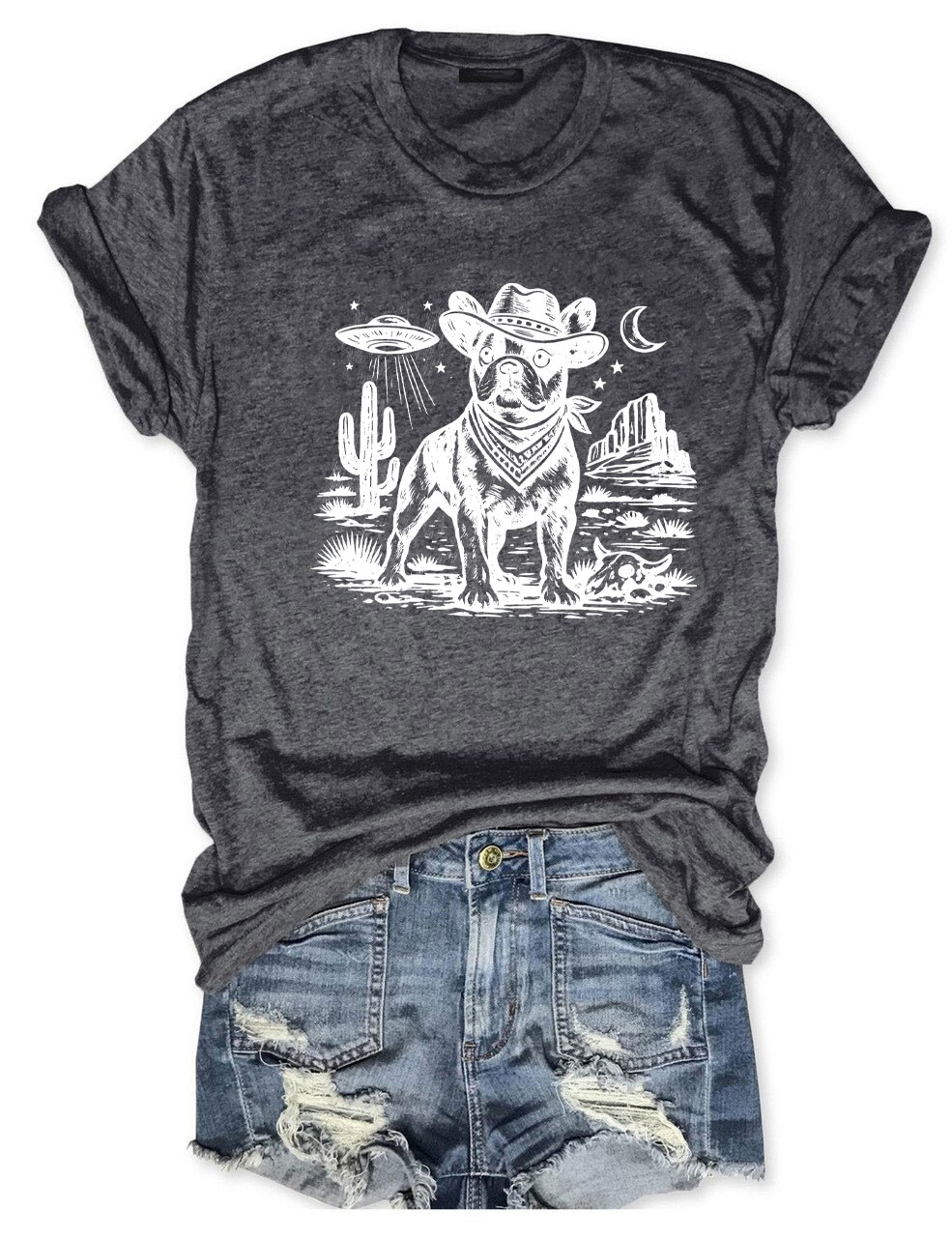 French Bulldog Ufo Cowboy  Funny T-shirt