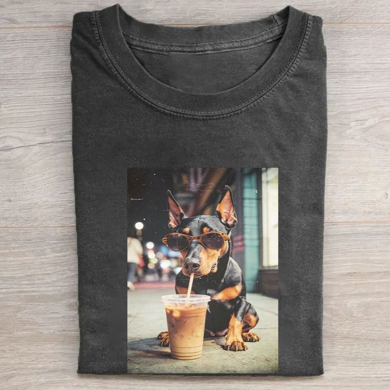 Doberman Drinking Iced Coffee T-shirt