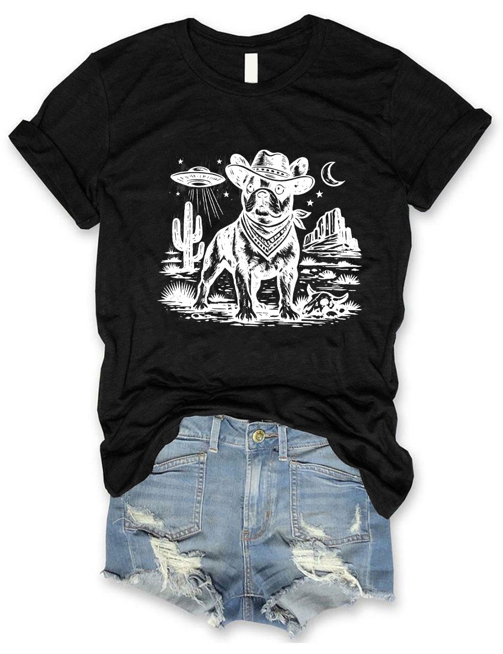 French Bulldog Ufo Cowboy  Funny T-shirt