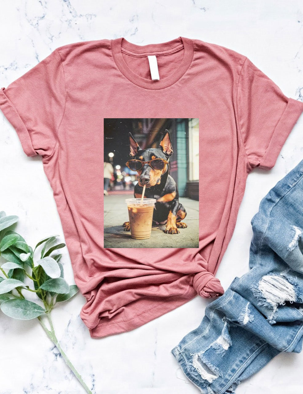 Doberman Drinking Iced Coffee T-shirt