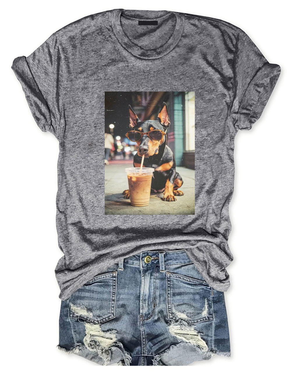 Doberman Drinking Iced Coffee T-shirt