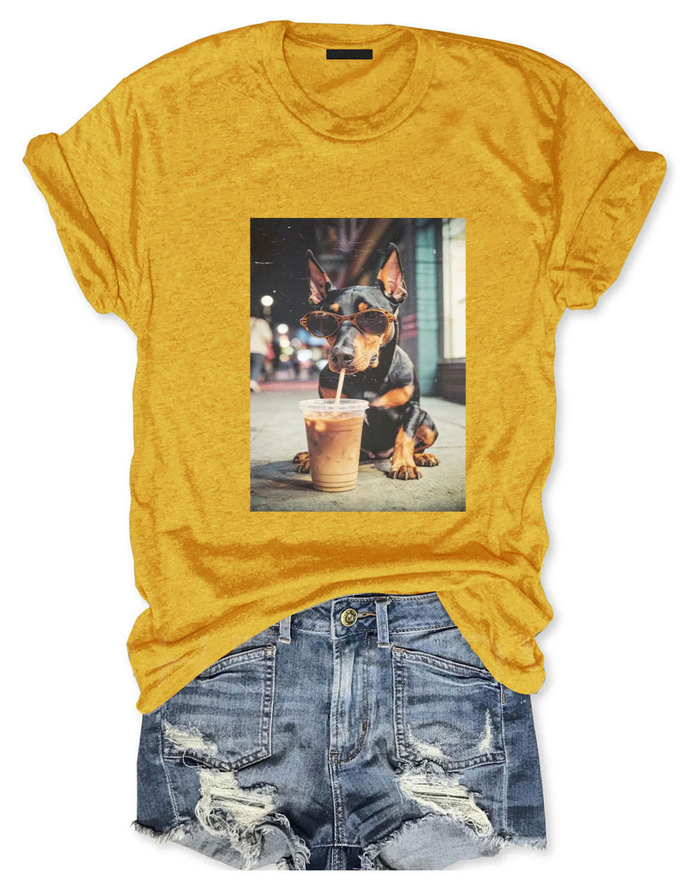Doberman Drinking Iced Coffee T-shirt