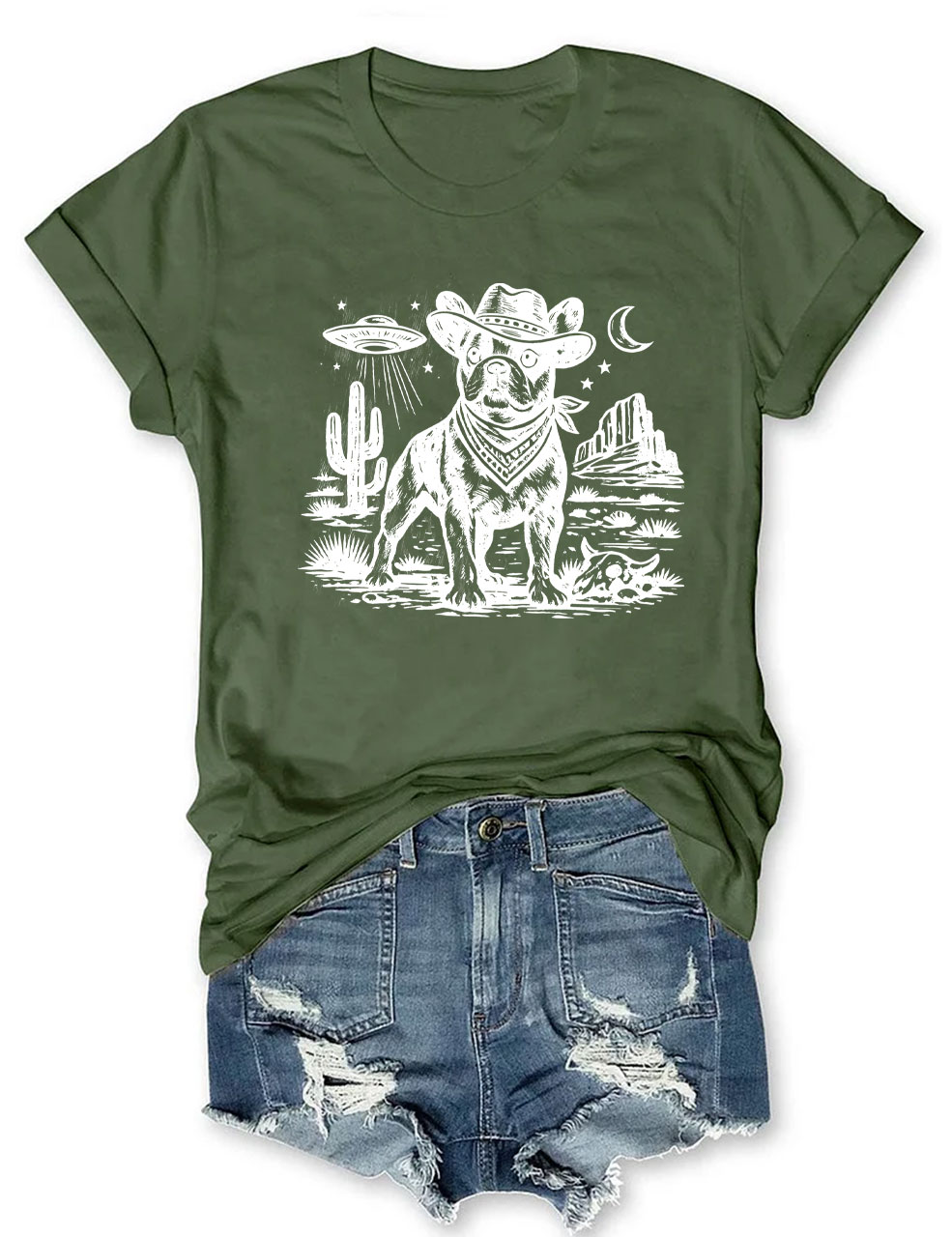 French Bulldog Ufo Cowboy  Funny T-shirt