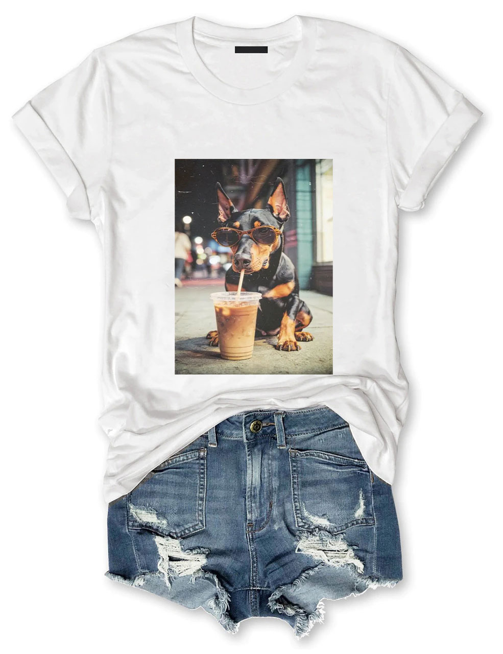 Doberman Drinking Iced Coffee T-shirt