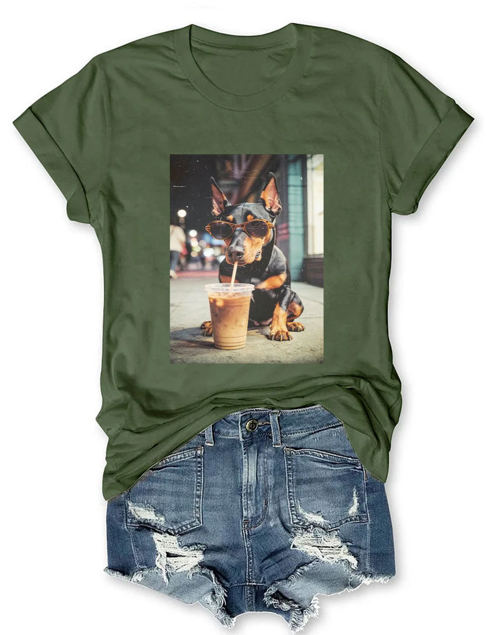Doberman Drinking Iced Coffee T-shirt