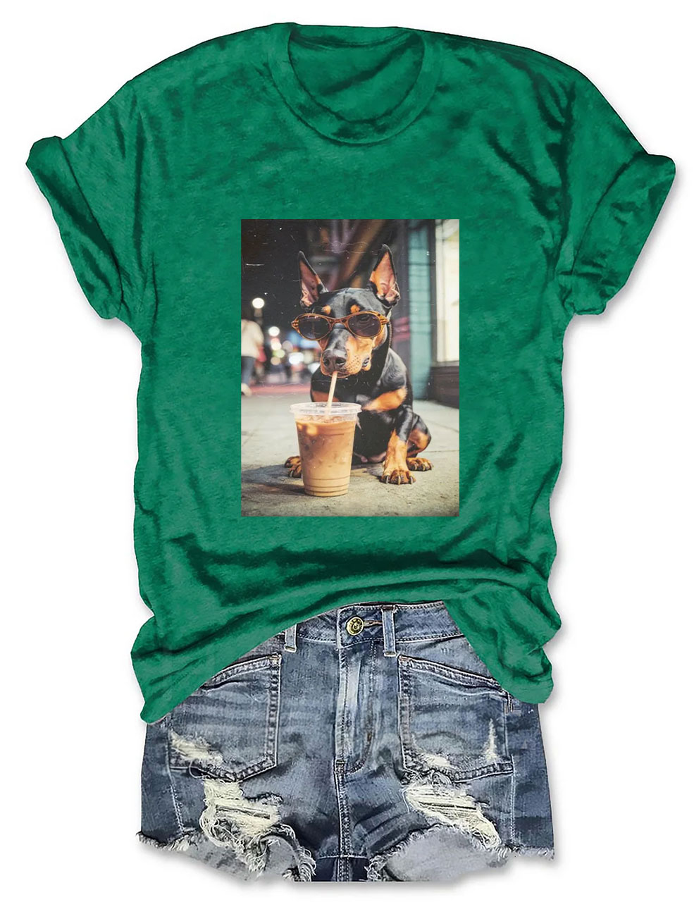 Doberman Drinking Iced Coffee T-shirt