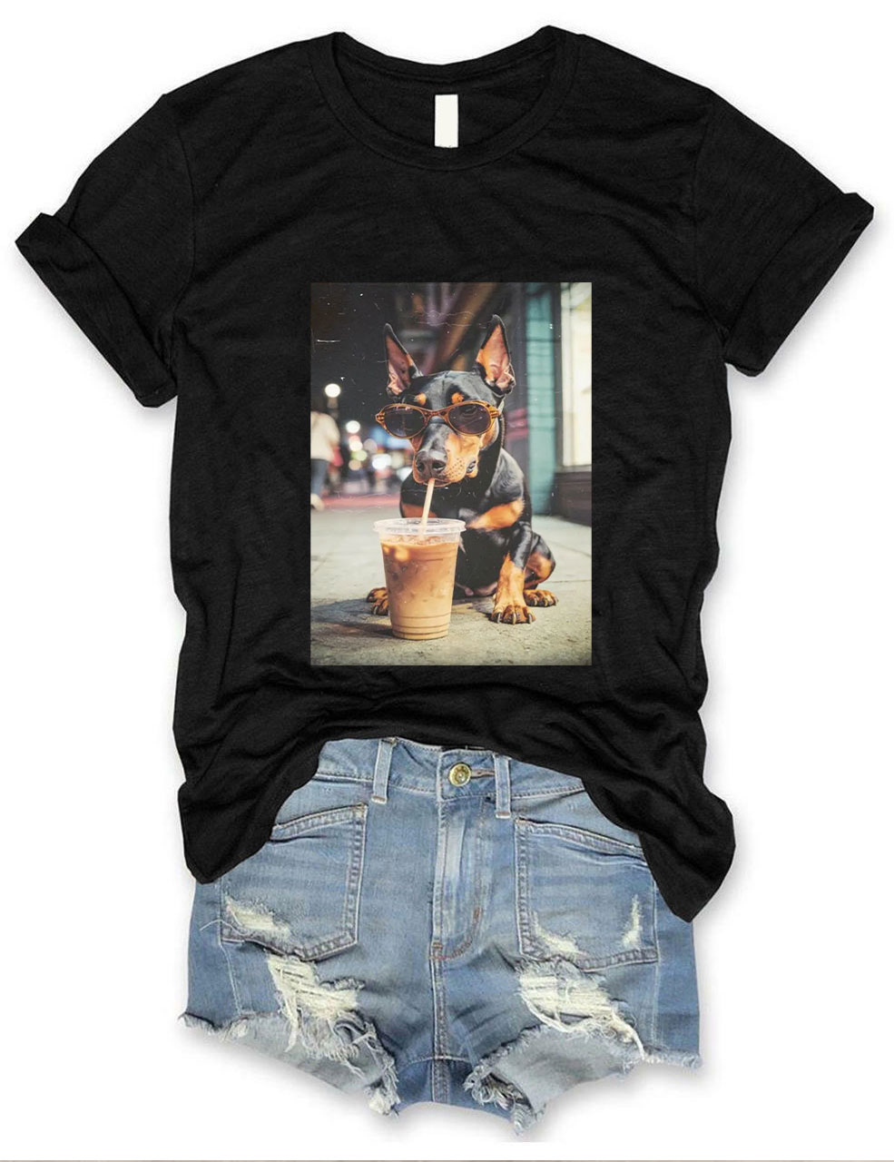 Doberman Drinking Iced Coffee T-shirt