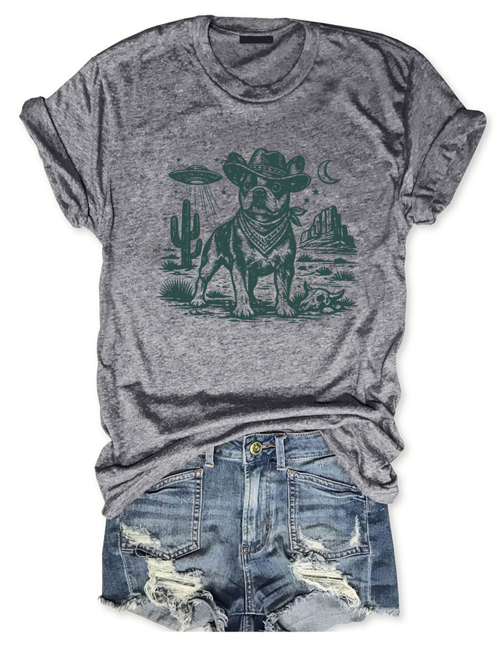 French Bulldog Ufo Cowboy  Funny T-shirt
