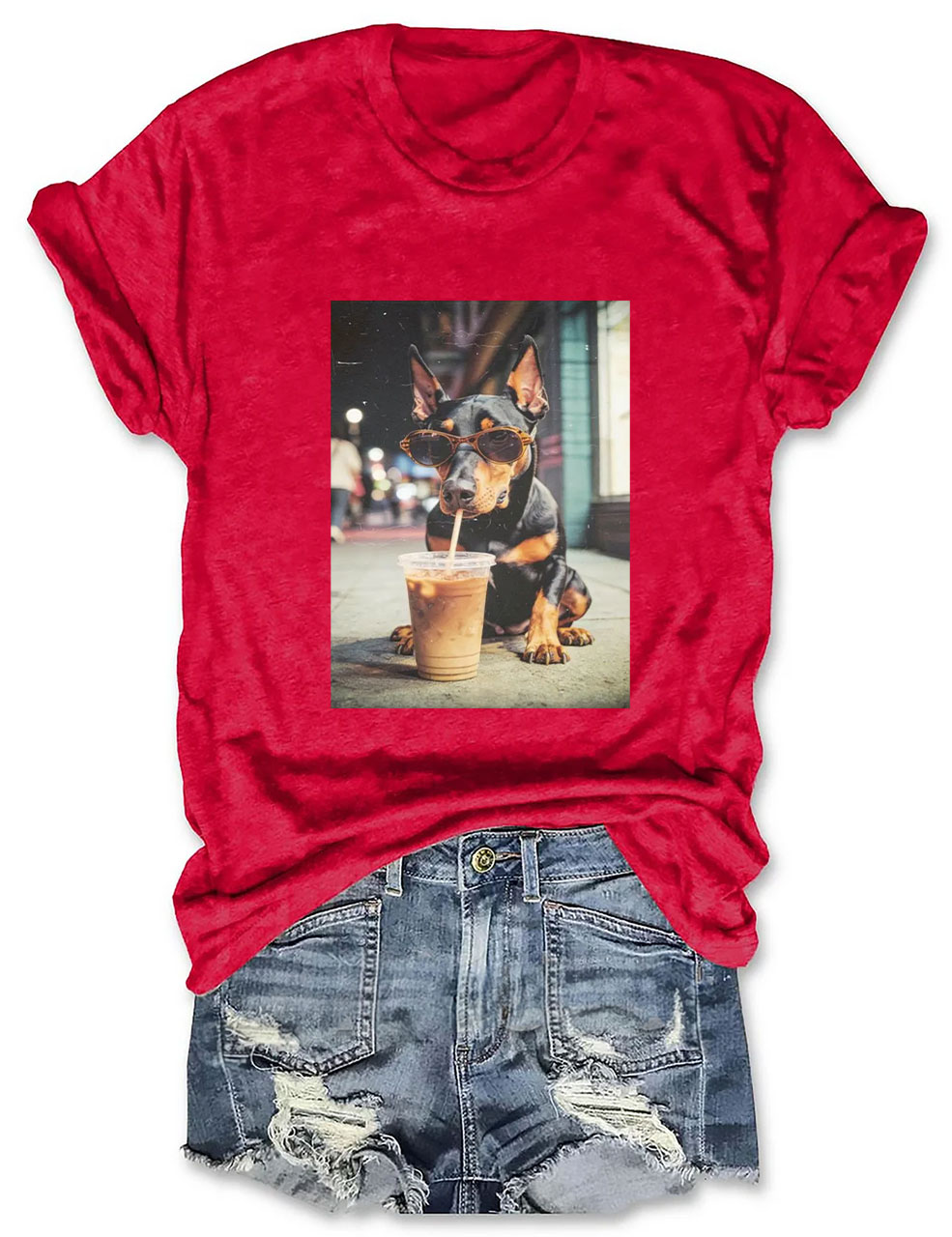 Doberman Drinking Iced Coffee T-shirt
