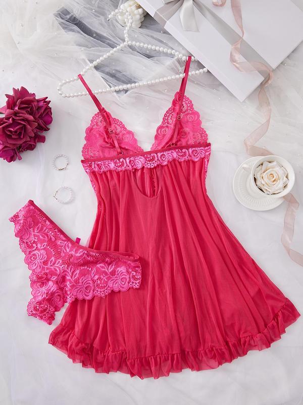 Ladies' sexy ruffle trim Cami nightdress & Bow decor panty set