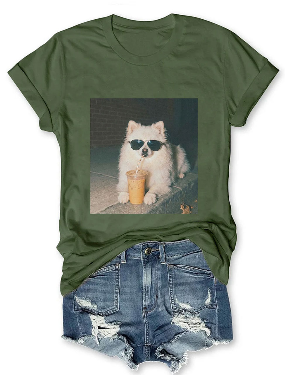 Pomeranian Drinking Iced Coffee T-shirt