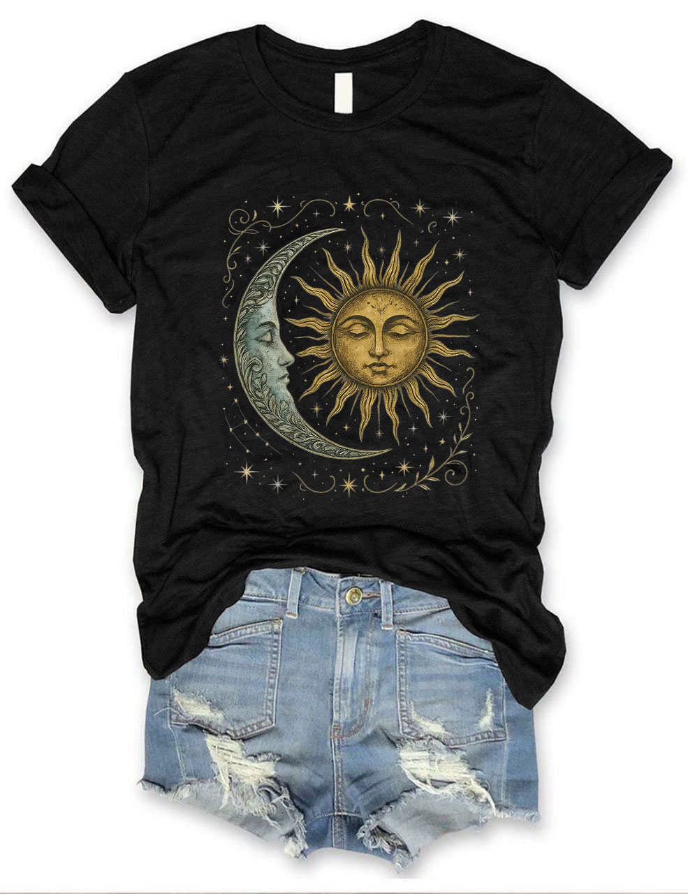 Boho Celestial Moon and Radiant Sun Spiritual T-shirt
