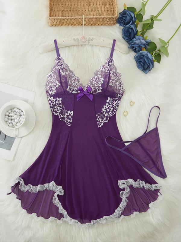 Women's Contrast Lace Bow Decor Cami Nightdress with Thong