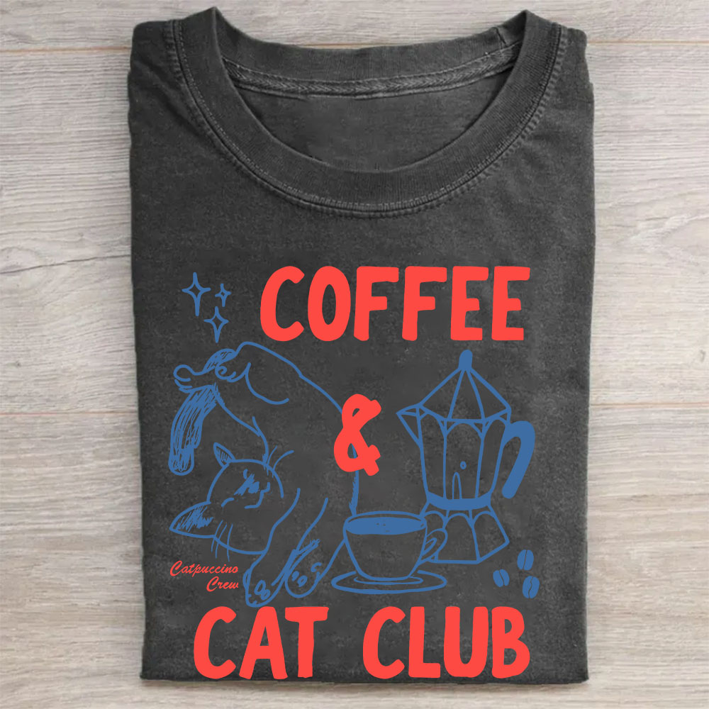 Coffee Cat Club Funny Washed T-shirt