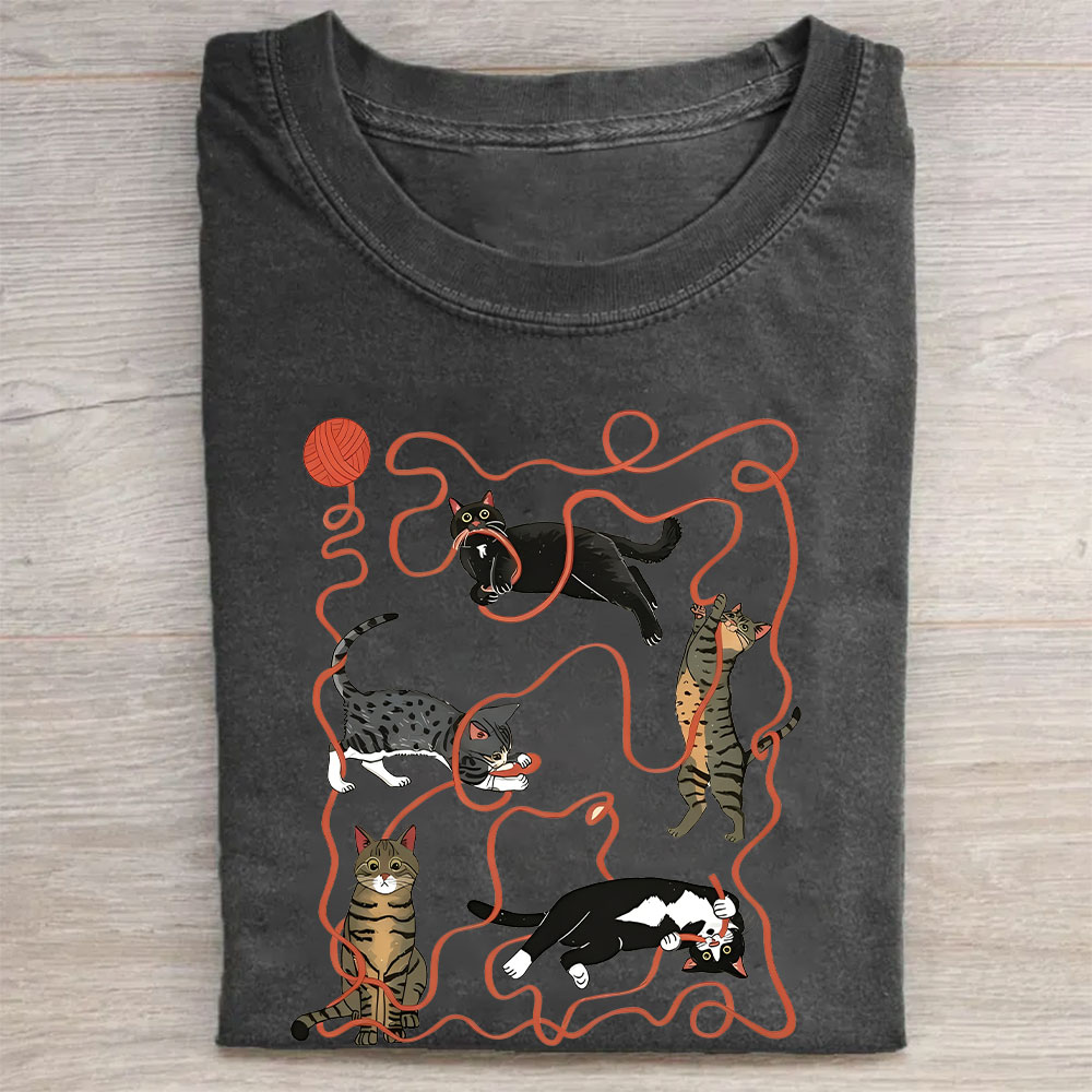 Yarn Ball Cat Funny Washed T-shirt