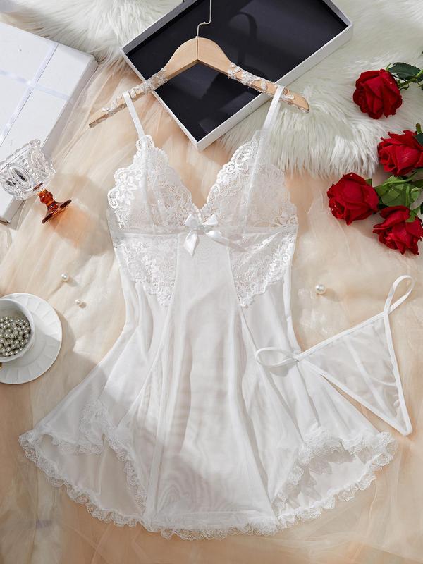 Women's Contrast Lace Bow Decor Cami Nightdress with Thong