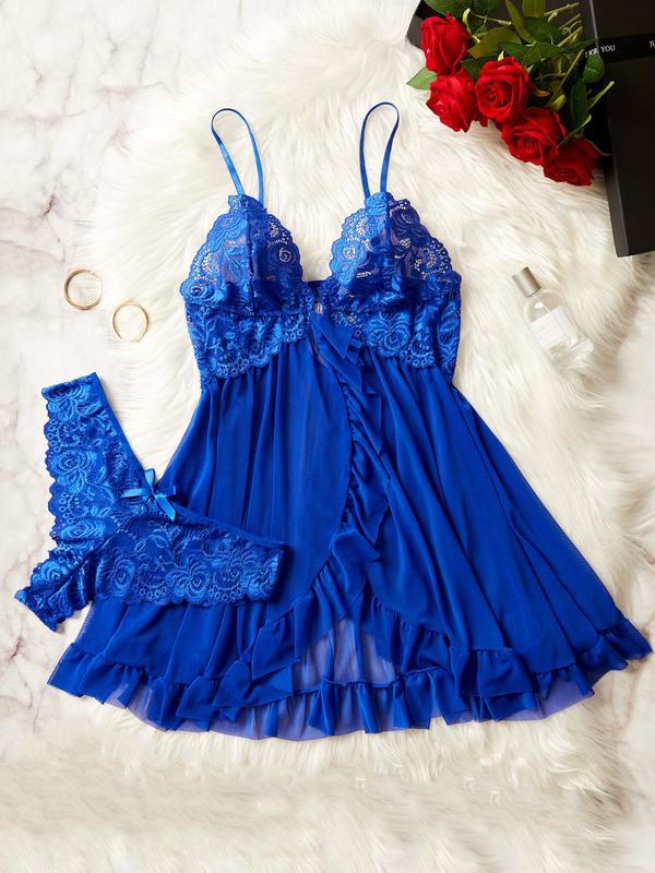 Ladies' sexy ruffle trim Cami nightdress & Bow decor panty set
