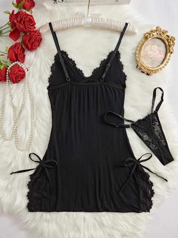 Women's Bow Decor Contrast Lace Cami Nightdress Sleep Dress & Thong Set