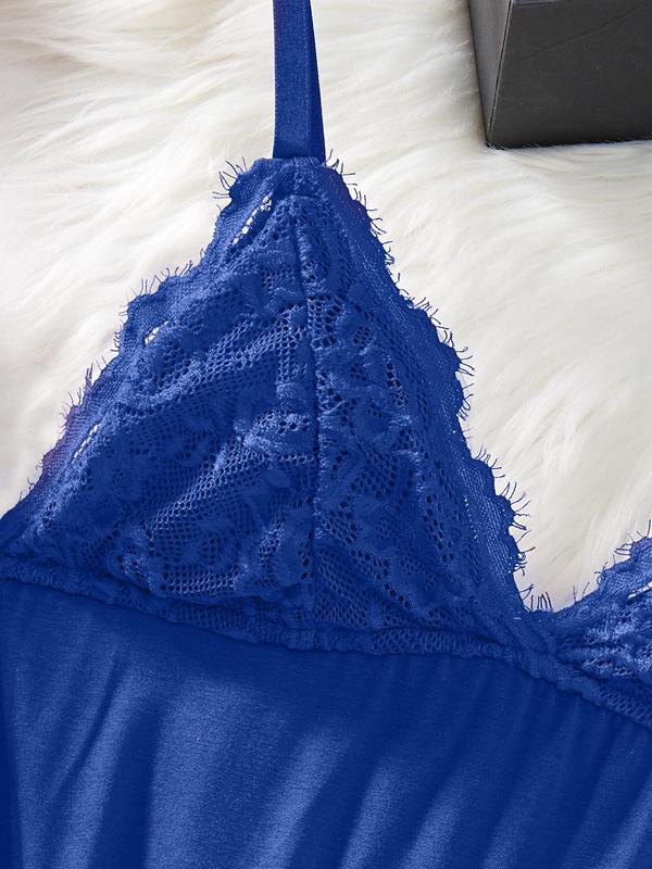 Women's Bow Decor Contrast Lace Cami Nightdress Sleep Dress & Thong Set