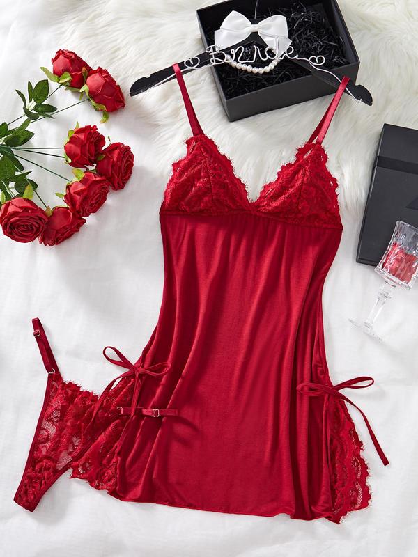 Women's Bow Decor Contrast Lace Cami Nightdress Sleep Dress & Thong Set