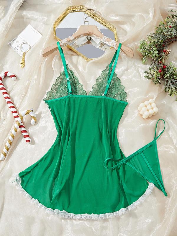 Women's Contrast Lace Bow Decor Cami Nightdress with Thong