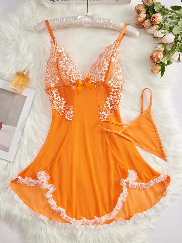 Women's Contrast Lace Bow Decor Cami Nightdress with Thong