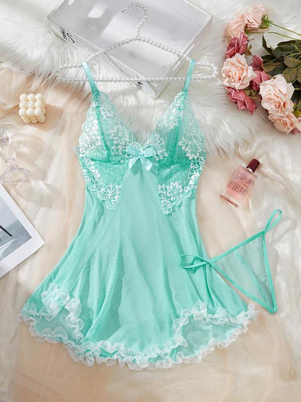 Women's Contrast Lace Bow Decor Cami Nightdress with Thong