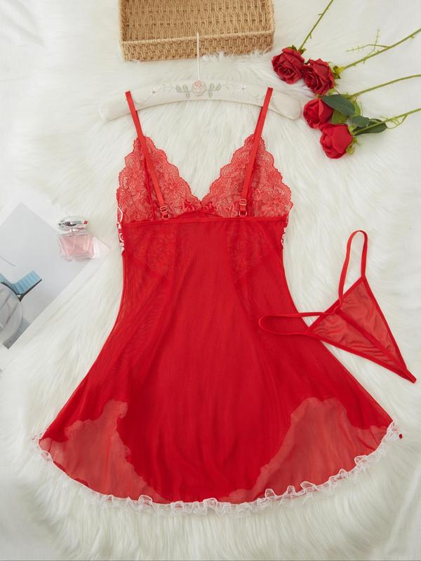 Women's Contrast Lace Bow Decor Cami Nightdress with Thong