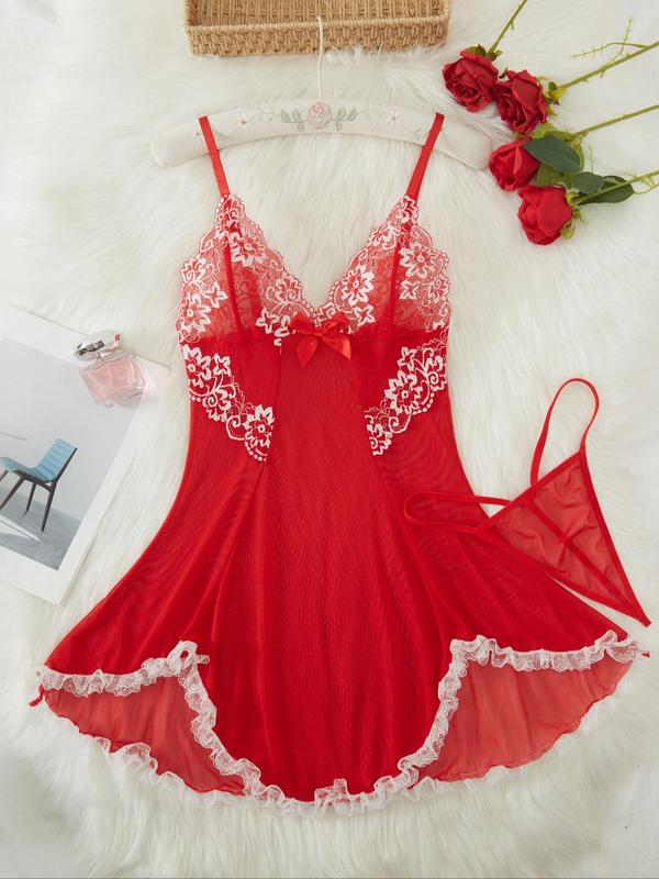 Women's Contrast Lace Bow Decor Cami Nightdress with Thong