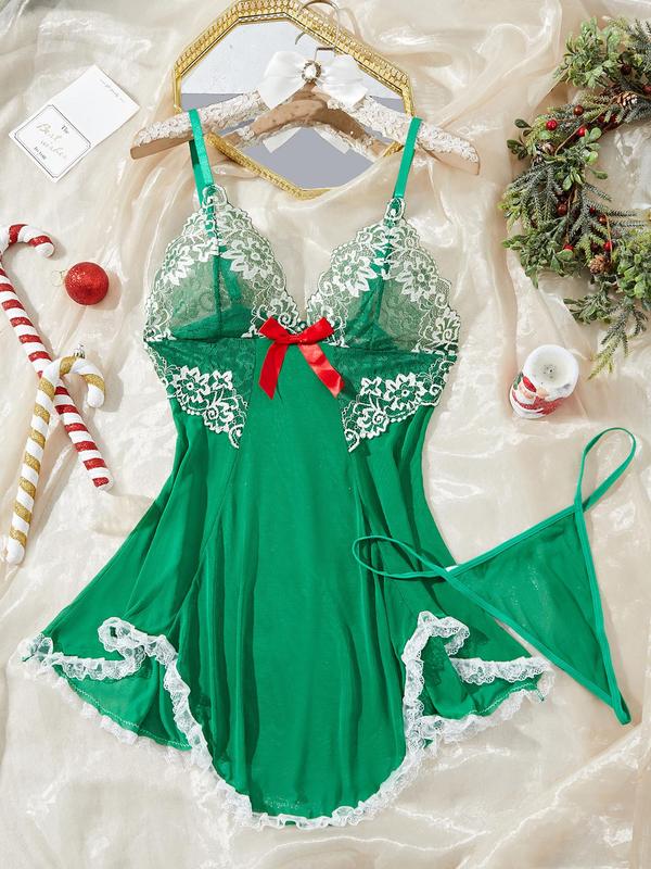 Women's Contrast Lace Bow Decor Cami Nightdress with Thong