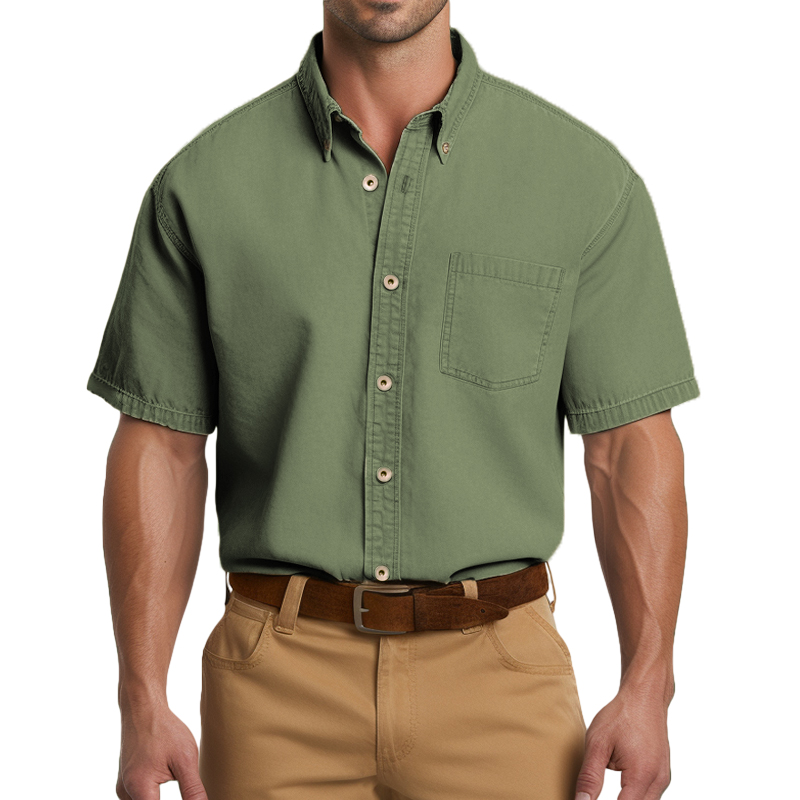 Men's Casual Washed Cotton Short Sleeve Shirt