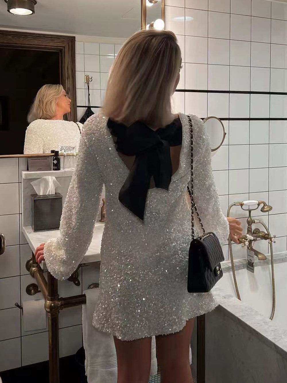 XMAS Sequined Tie Back Midi Dress In White