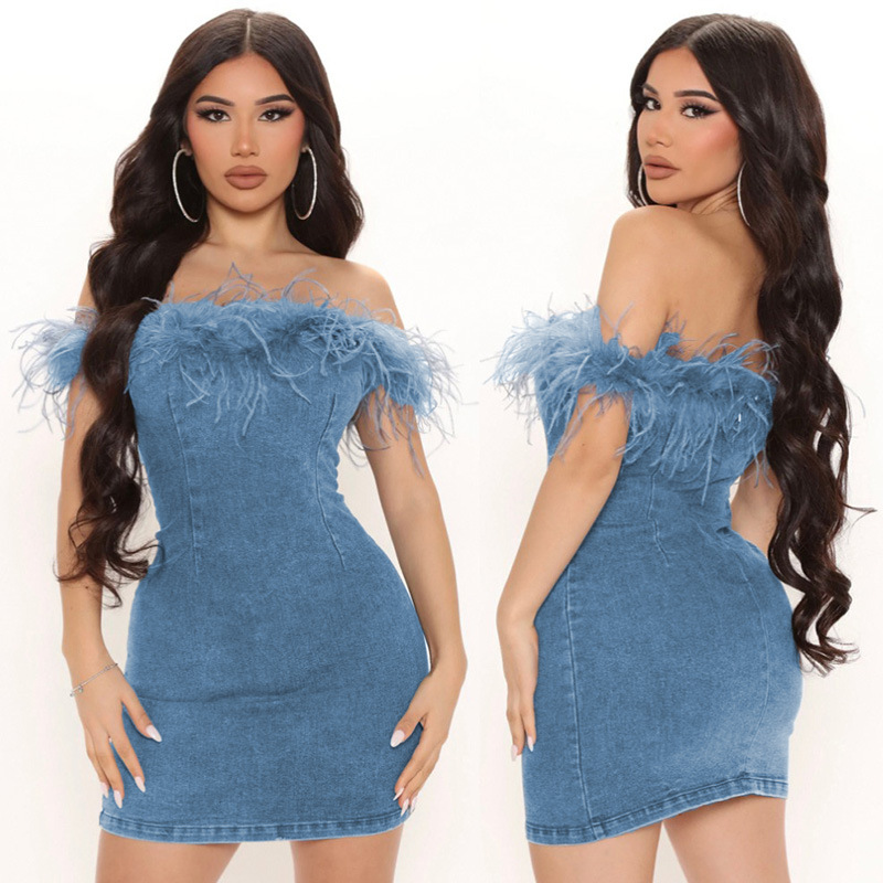 Strapless Feather Trim Bodycon Mini Dress In Denim Blue