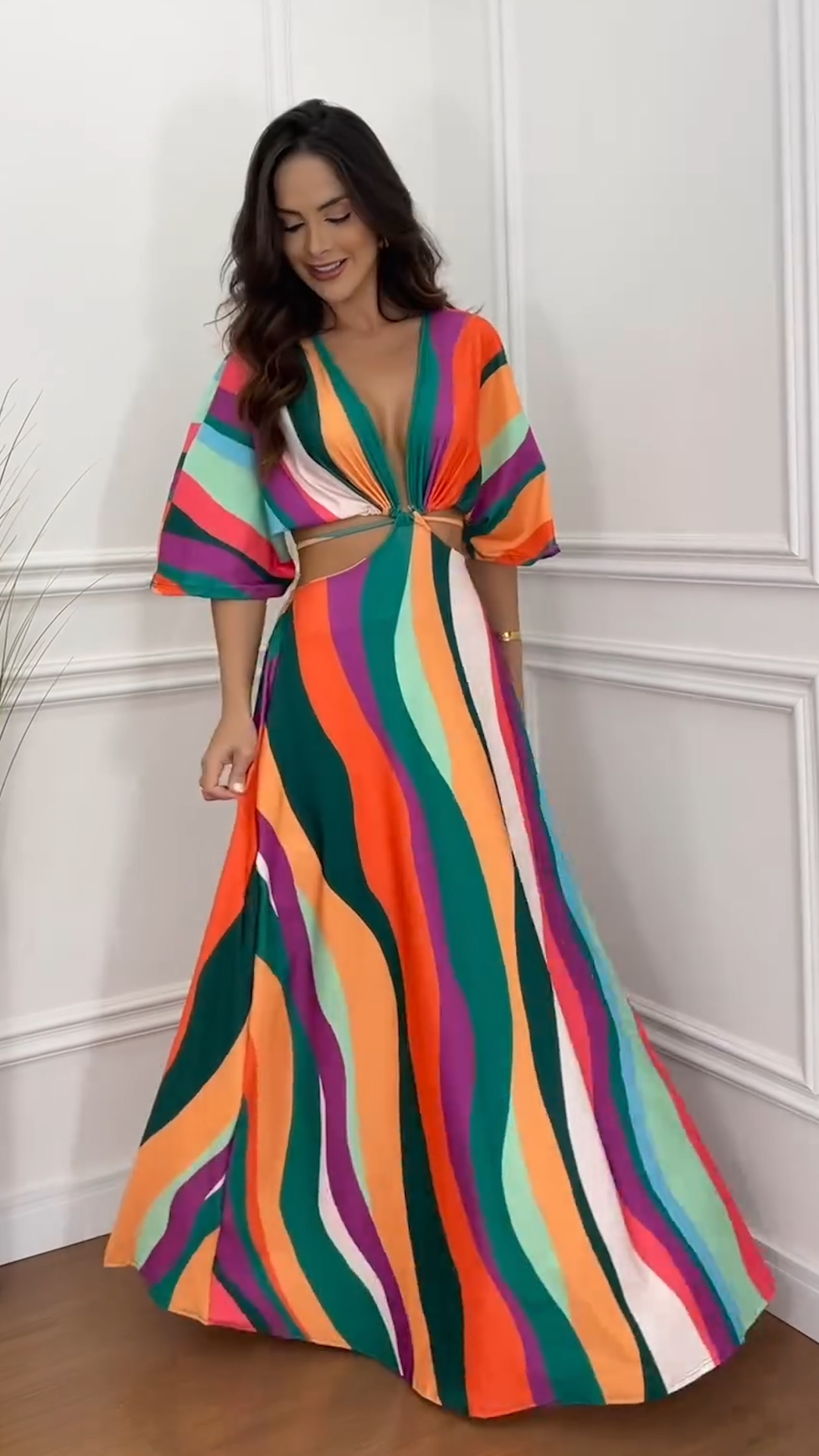 Rainbow Stripes Plunge Cut-Out Maxi Dress