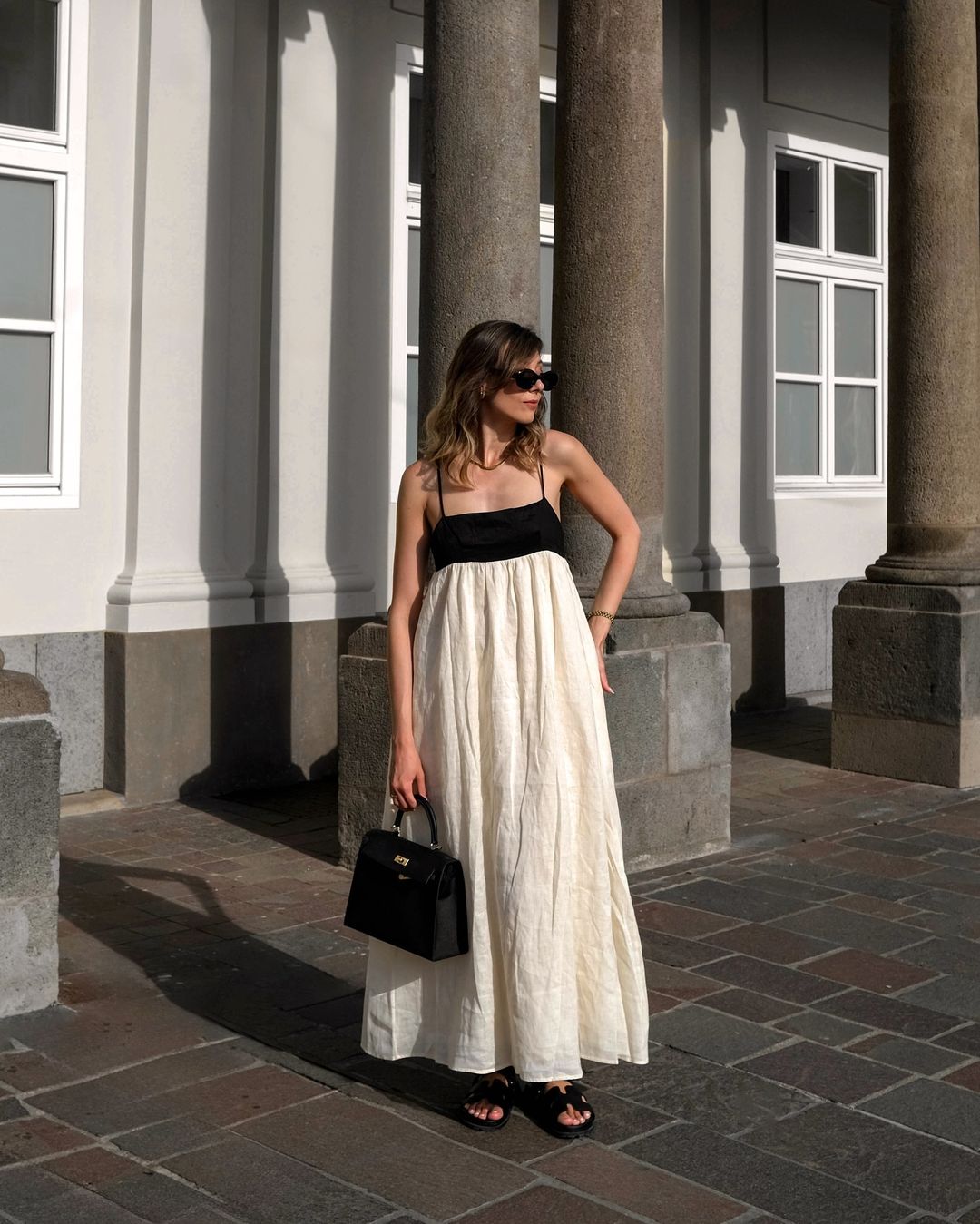 Loose Suspender Black And White Patchwork Maxi Dress