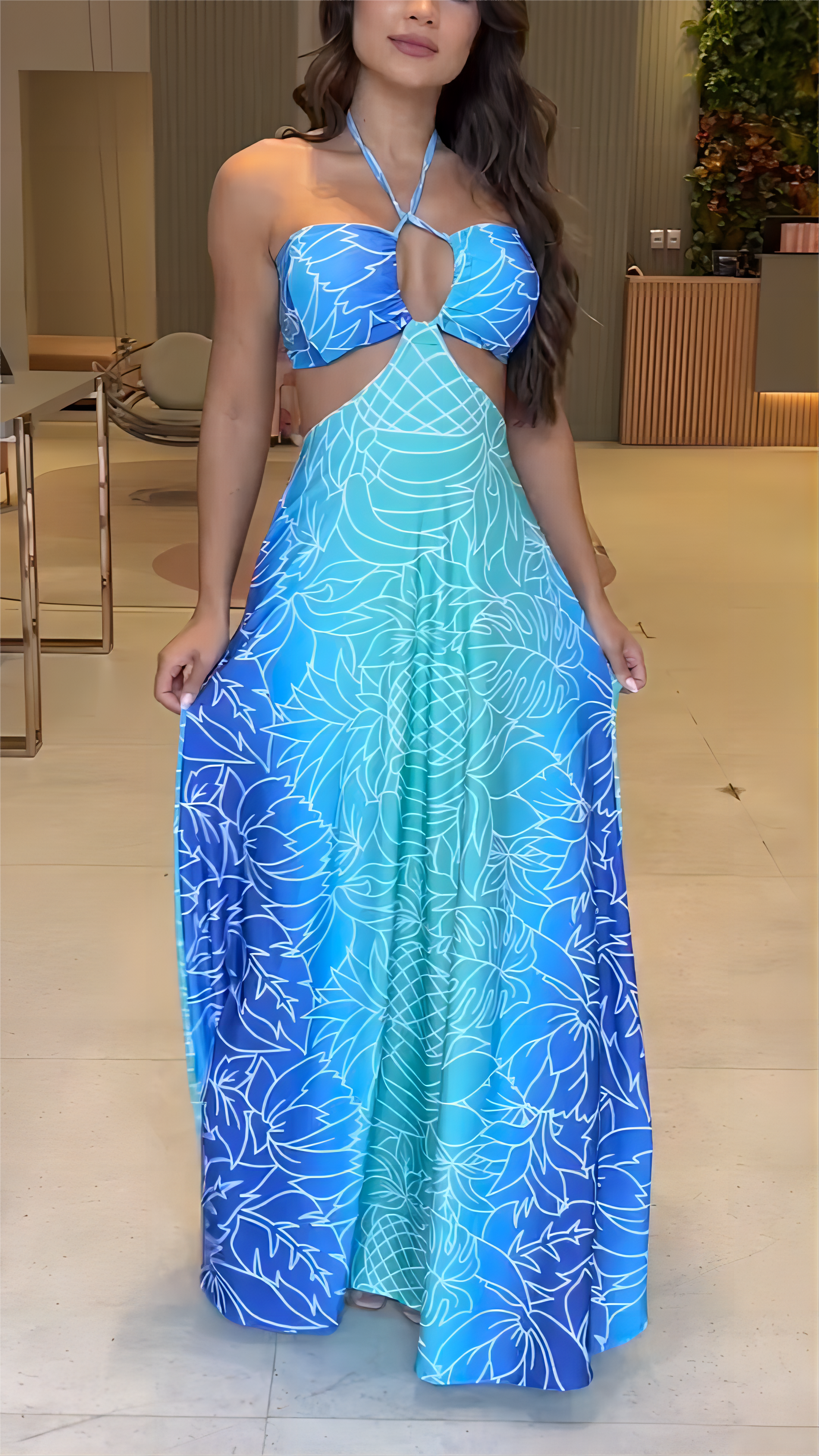 Gradient Halterneck Cut-Out Maxi Dress