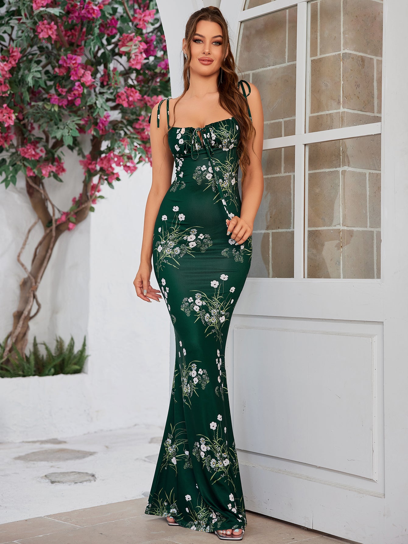 Tie Shoulder Fishtail Hem Floral Print Prom Dress