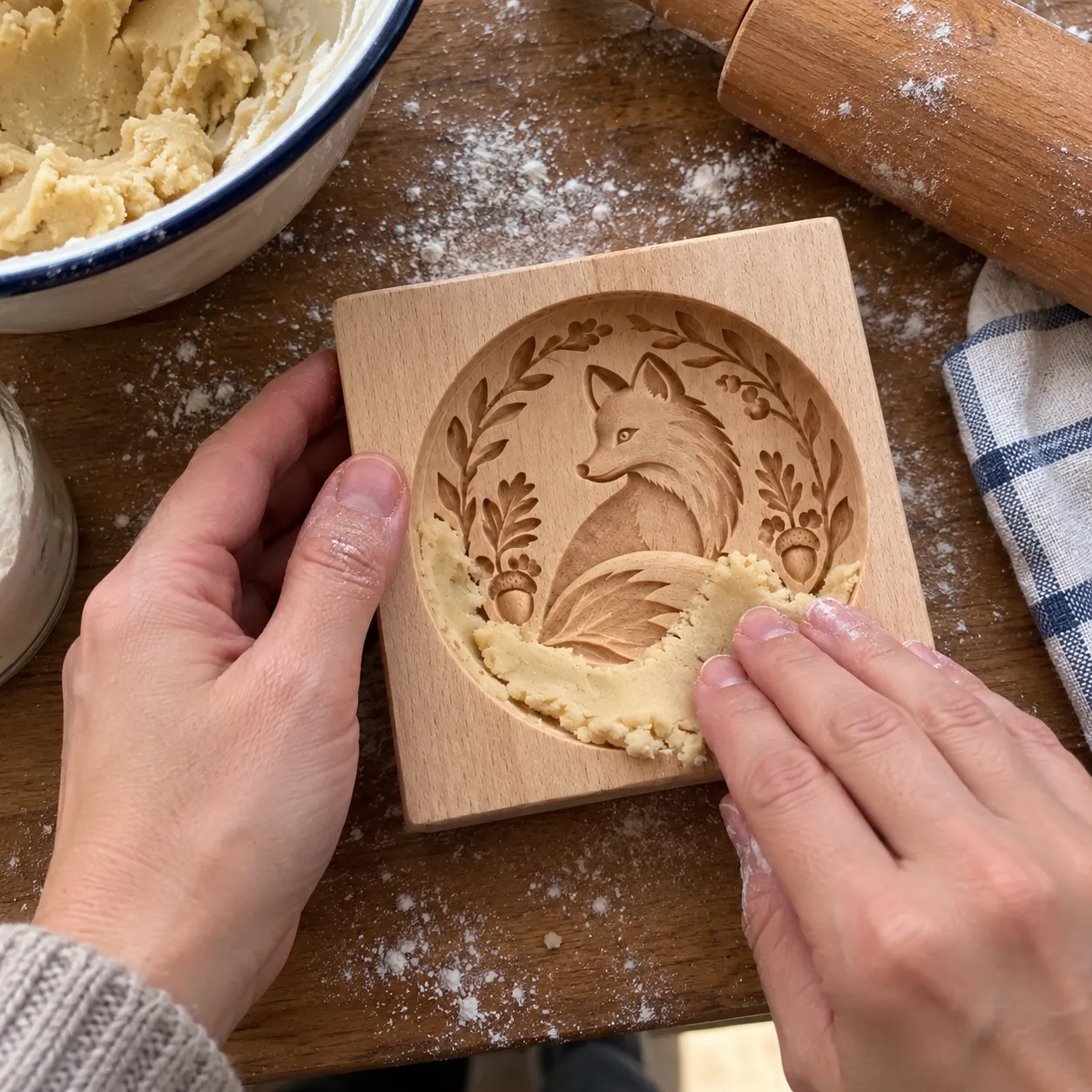 Hands pressing cookie dough into the fox wooden mold Hands pressing cookie dough into the fox wooden mold